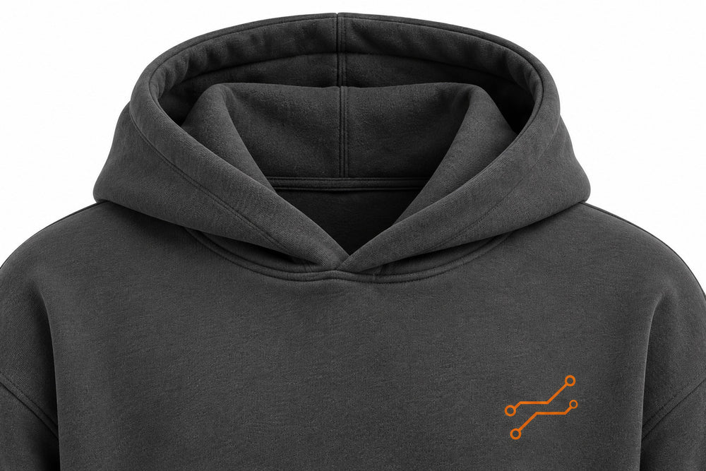 Close-up of the hood and neckline of the Urban Circuit charcoal DTF print boxy hoodie