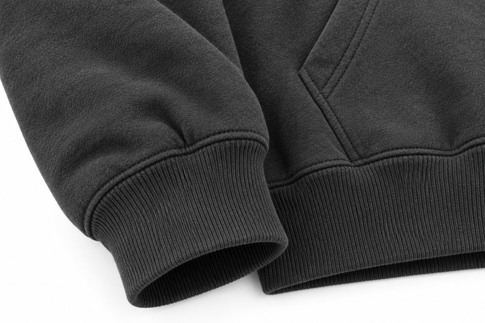 Close-up of the seam stitching of the Urban Circuit charcoal DTF print boxy hoodie