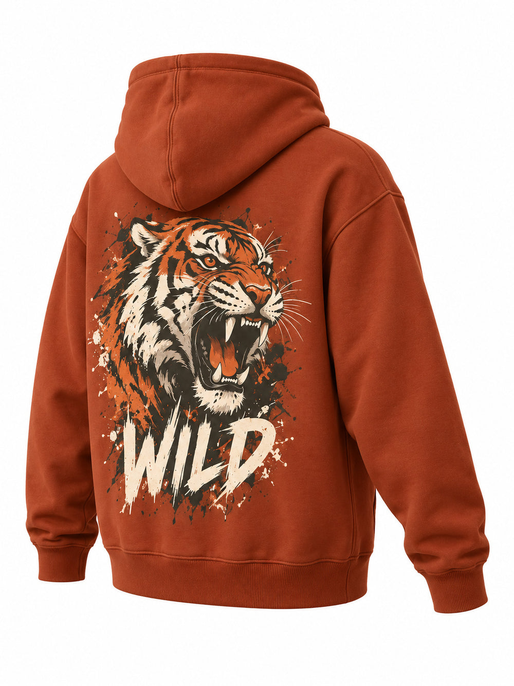 Rear three-quarter view of the Wild Tiger rust DTF print oversized hoodie