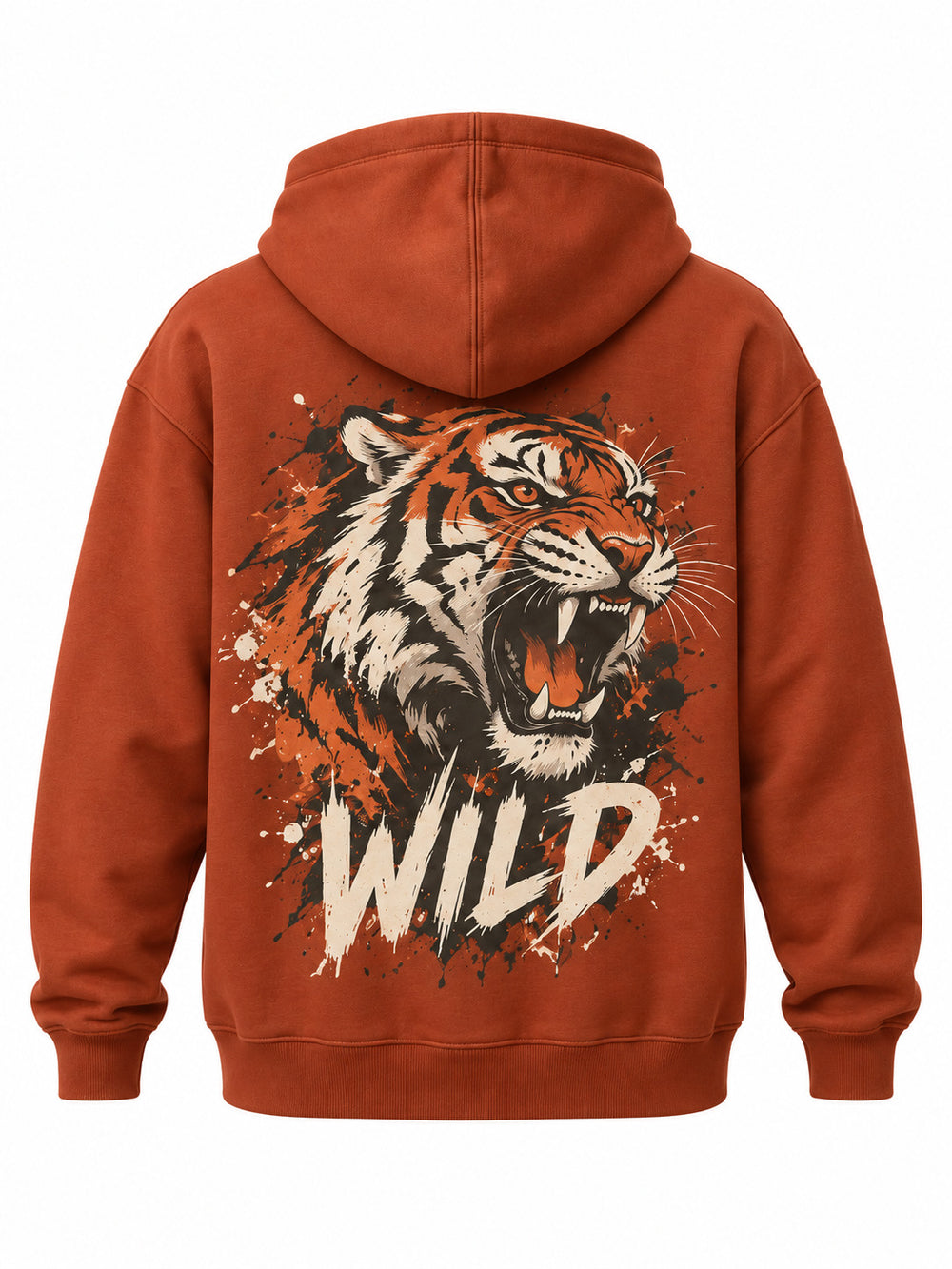 Back view of the Wild Tiger rust DTF print oversized hoodie with cream, black and muted orange roaring tiger with WILD lettering
