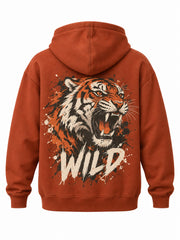 Back view of the Wild Tiger rust DTF print oversized hoodie with cream, black and muted orange roaring tiger with WILD lettering