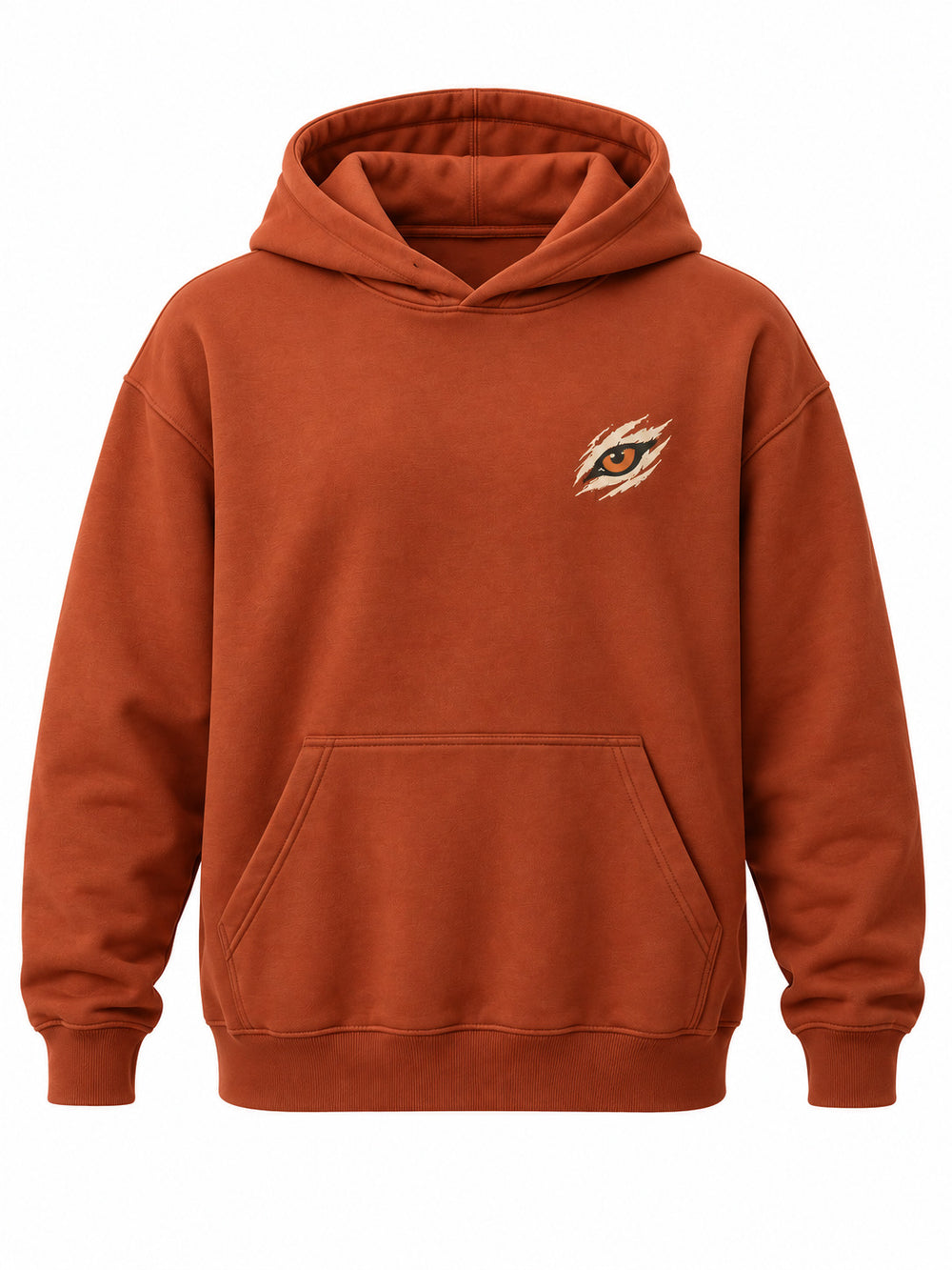 Front view of the Wild Tiger rust DTF print oversized hoodie with small cream tiger-eye emblem