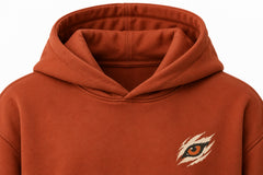 Close-up of the hood and neckline of the Wild Tiger rust DTF print oversized hoodie