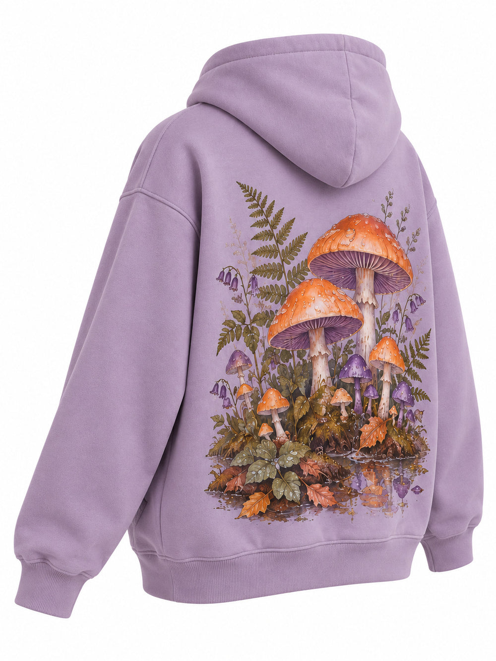 Rear three-quarter view of the After Rain dusty lavender DTG print oversized hoodie