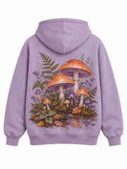 Back view of the After Rain dusty lavender DTG print oversized hoodie with hand-painted orange and violet woodland mushrooms with ferns and droplets