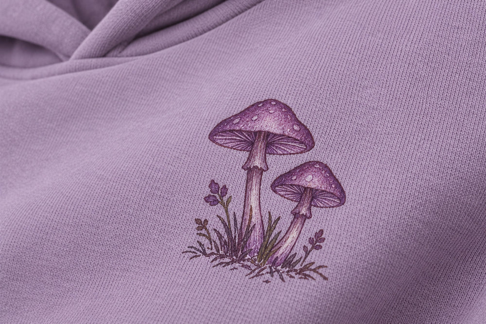 Close-up of the DTG print decoration on the After Rain dusty lavender DTG print oversized hoodie