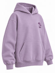 Front three-quarter view of the After Rain dusty lavender DTG print oversized hoodie