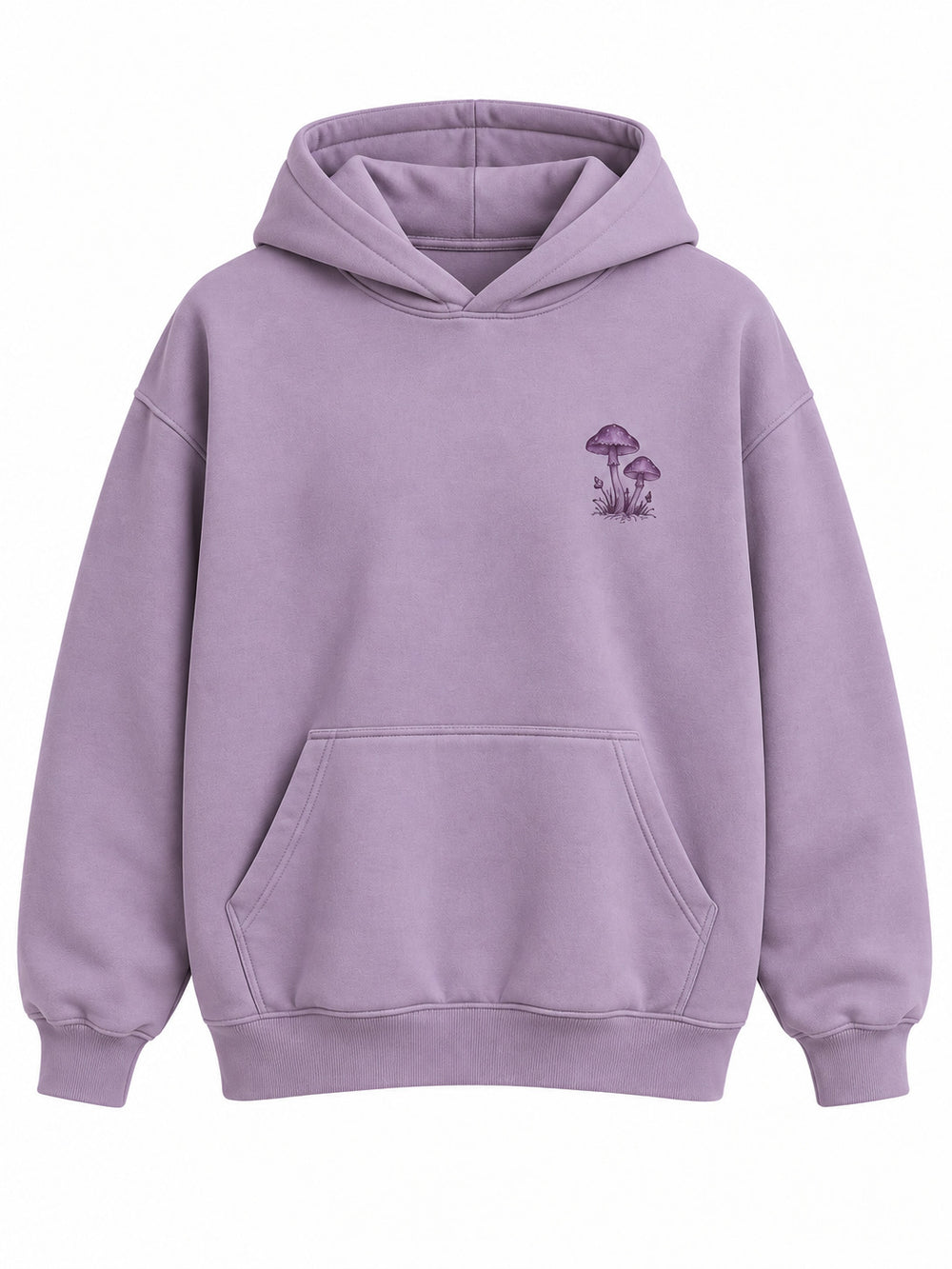 Front view of the After Rain dusty lavender DTG print oversized hoodie with tiny dark plum mushroom print