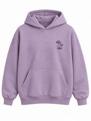 Front view of the After Rain dusty lavender DTG print oversized hoodie with tiny dark plum mushroom print