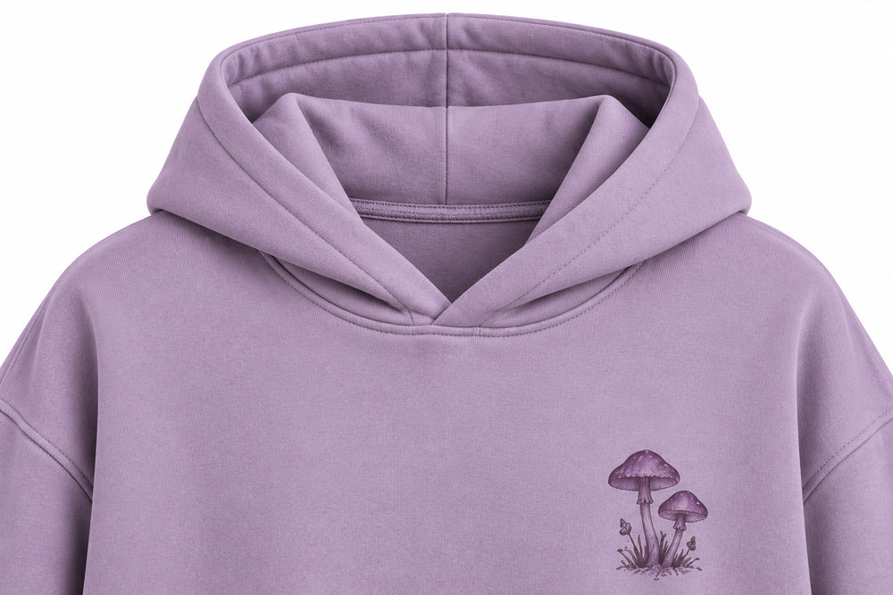 Close-up of the hood and neckline of the After Rain dusty lavender DTG print oversized hoodie