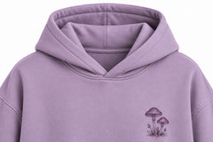 Close-up of the hood and neckline of the After Rain dusty lavender DTG print oversized hoodie