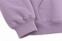 Close-up of the seam stitching of the After Rain dusty lavender DTG print oversized hoodie