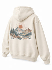 Rear three-quarter view of the Alpine Morning ecru DTG print oversized hoodie