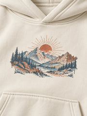 Close-up of the DTG print decoration on the Alpine Morning ecru DTG print oversized hoodie