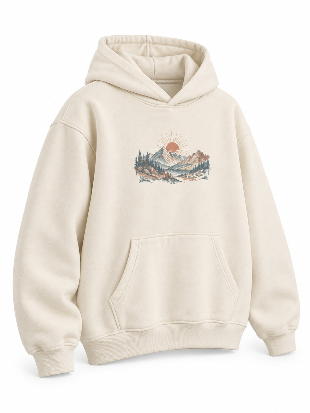 Front three-quarter view of the Alpine Morning ecru DTG print oversized hoodie