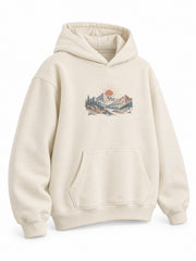 Front three-quarter view of the Alpine Morning ecru DTG print oversized hoodie