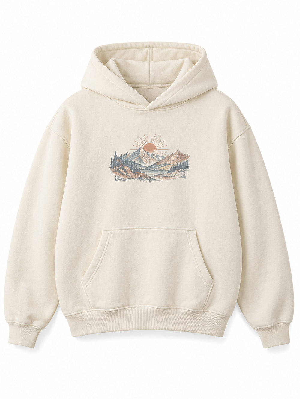 Front view of the Alpine Morning ecru DTG print oversized hoodie with a small sunrise and mountain illustration