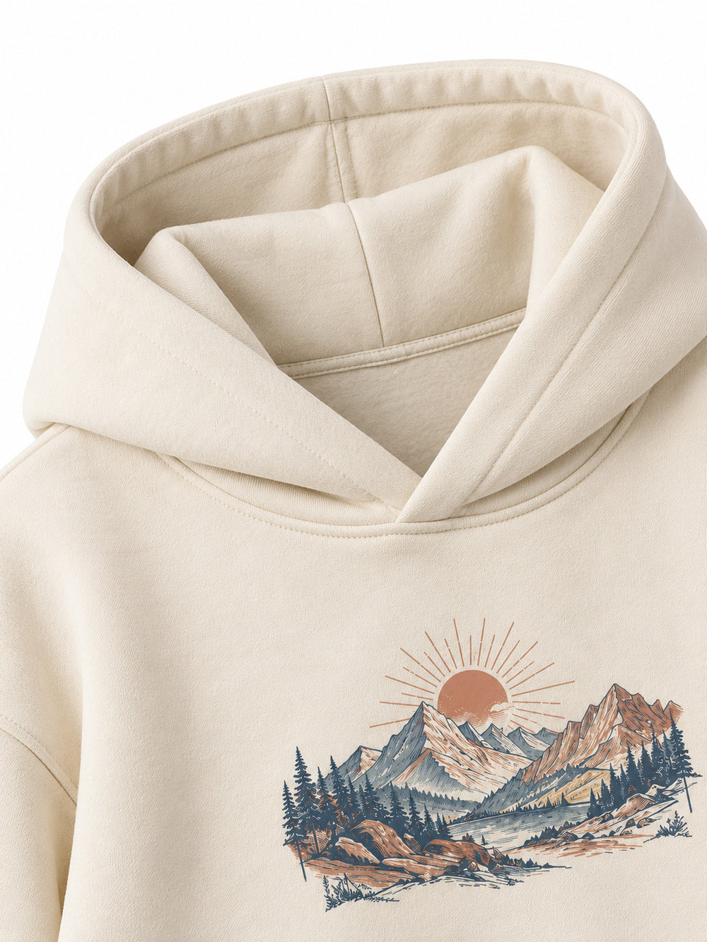 Close-up of the hood and neckline of the Alpine Morning ecru DTG print oversized hoodie