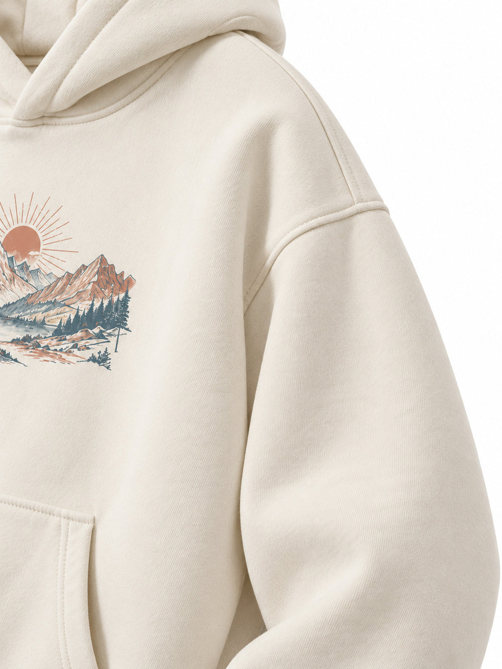 Close-up of the sleeve of the Alpine Morning ecru DTG print oversized hoodie