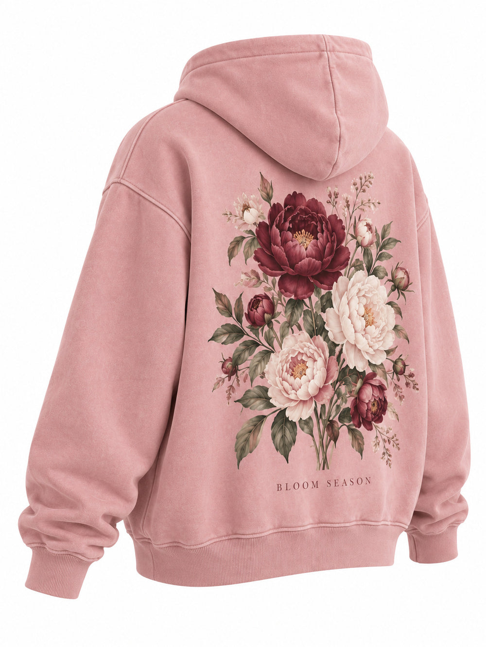 Rear three-quarter view of the Bloom Season faded pink DTG print oversized hoodie