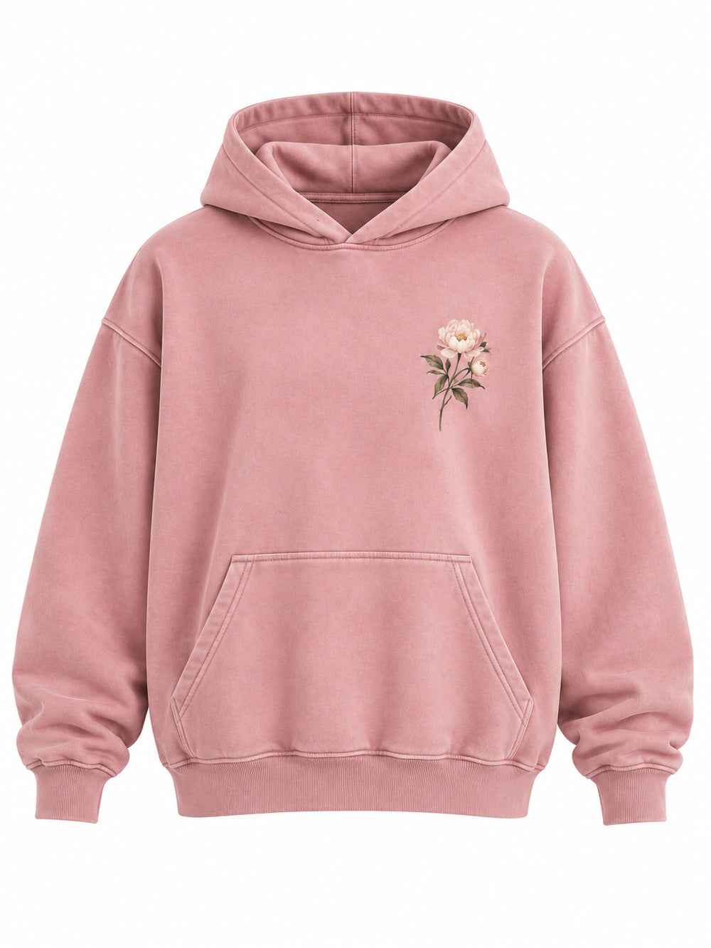 Front view of the Bloom Season faded pink DTG print oversized hoodie with small cream flower sprig