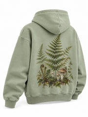 Rear three-quarter view of the Botanical Archive sage DTG print hoodie