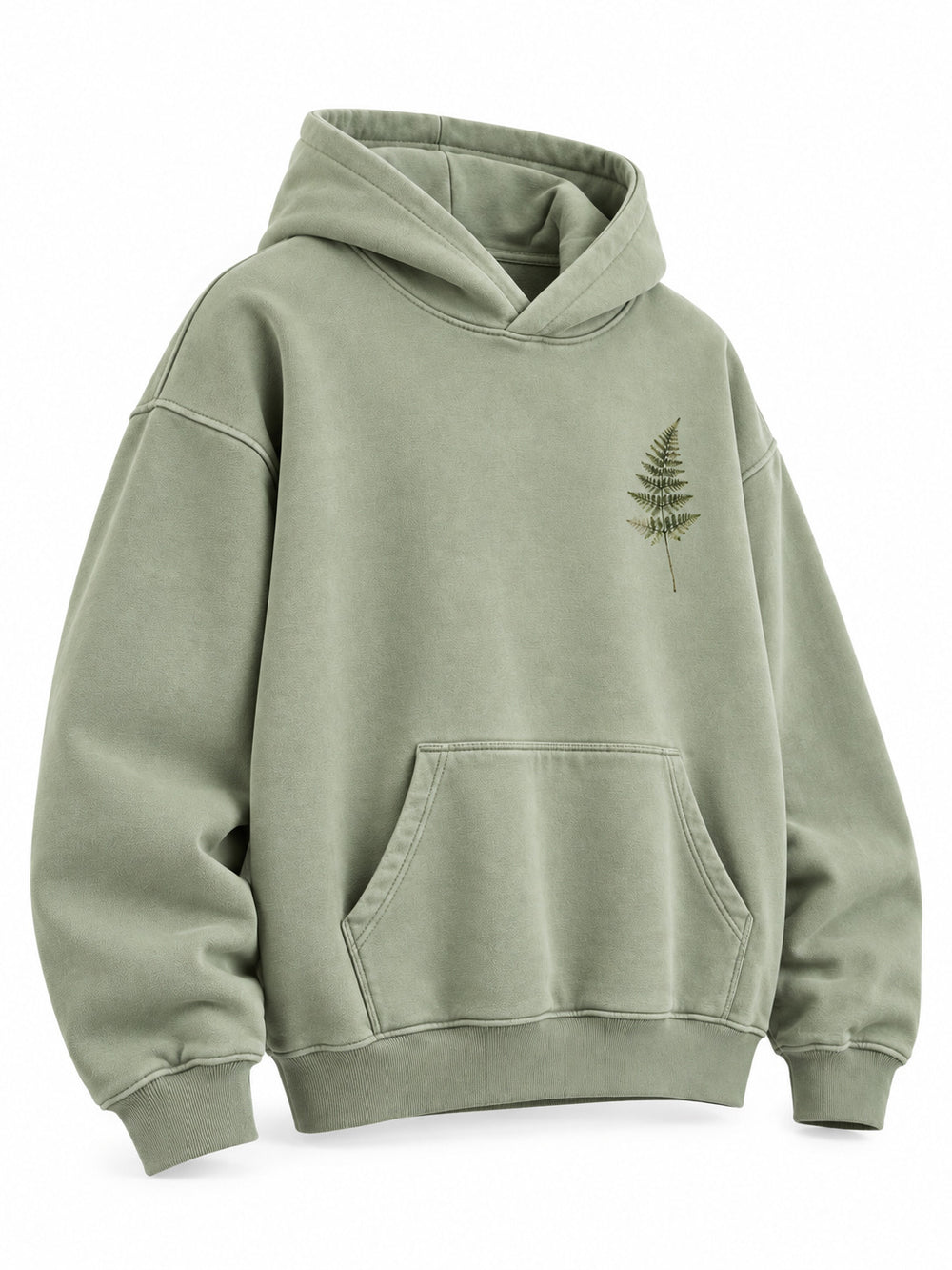 Front three-quarter view of the Botanical Archive sage DTG print hoodie