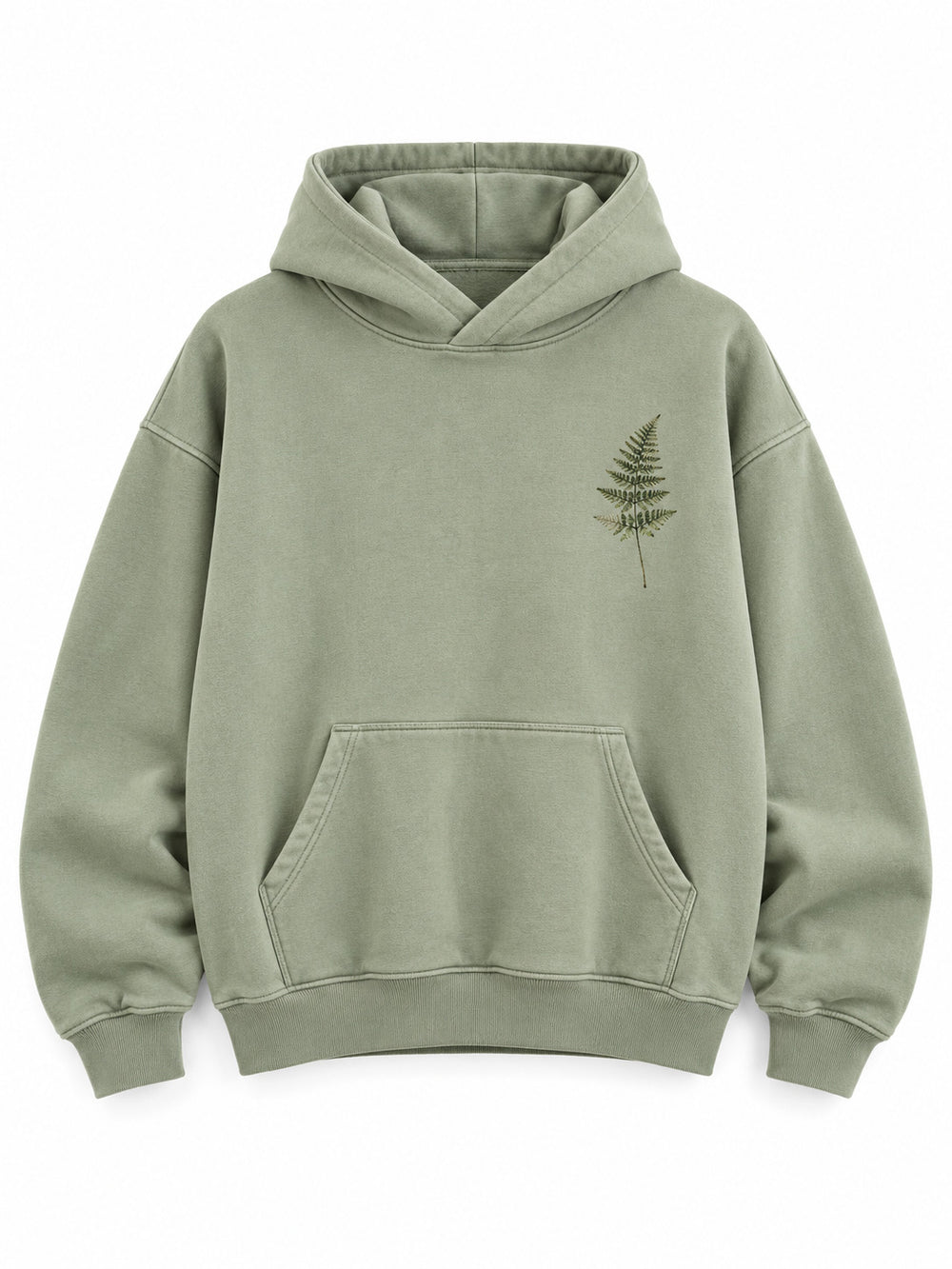 Front view of the Botanical Archive sage DTG print hoodie with a small fern illustration at the left chest