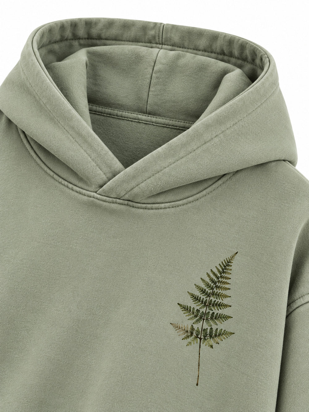Close-up of the hood and neckline of the Botanical Archive sage DTG print hoodie