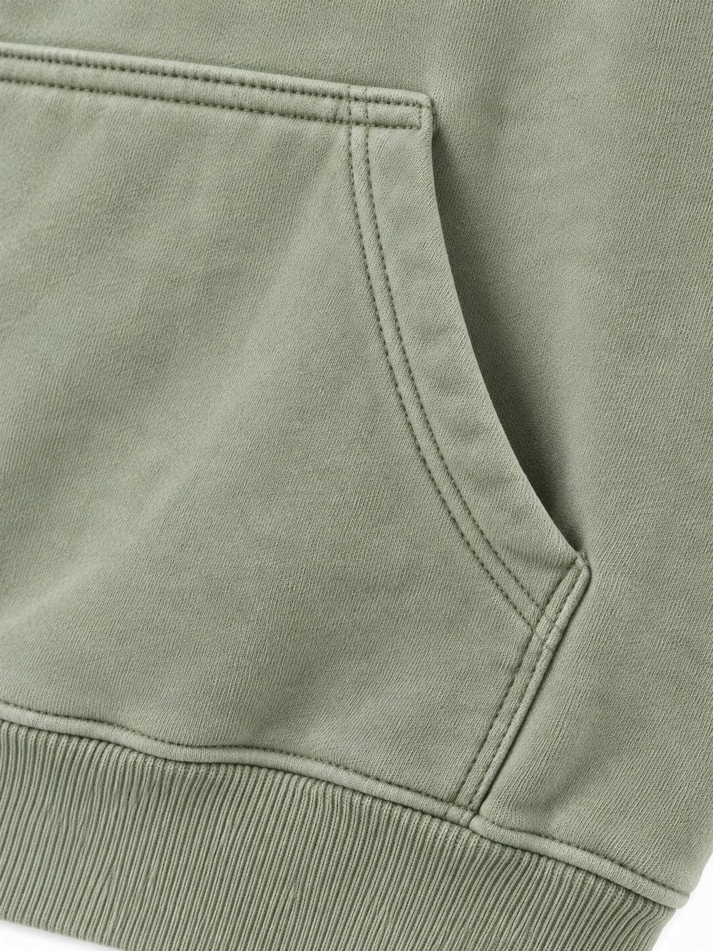 Close-up of the seam stitching of the Botanical Archive sage DTG print hoodie