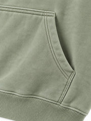 Close-up of the seam stitching of the Botanical Archive sage DTG print hoodie