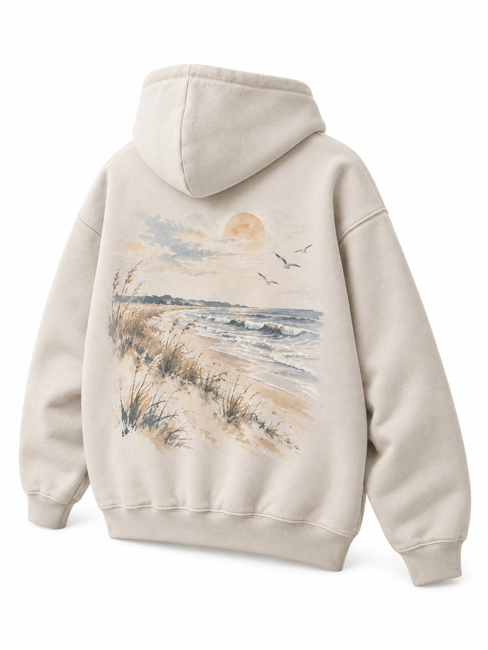 Rear three-quarter view of the Coastal Study light stone DTG print hoodie