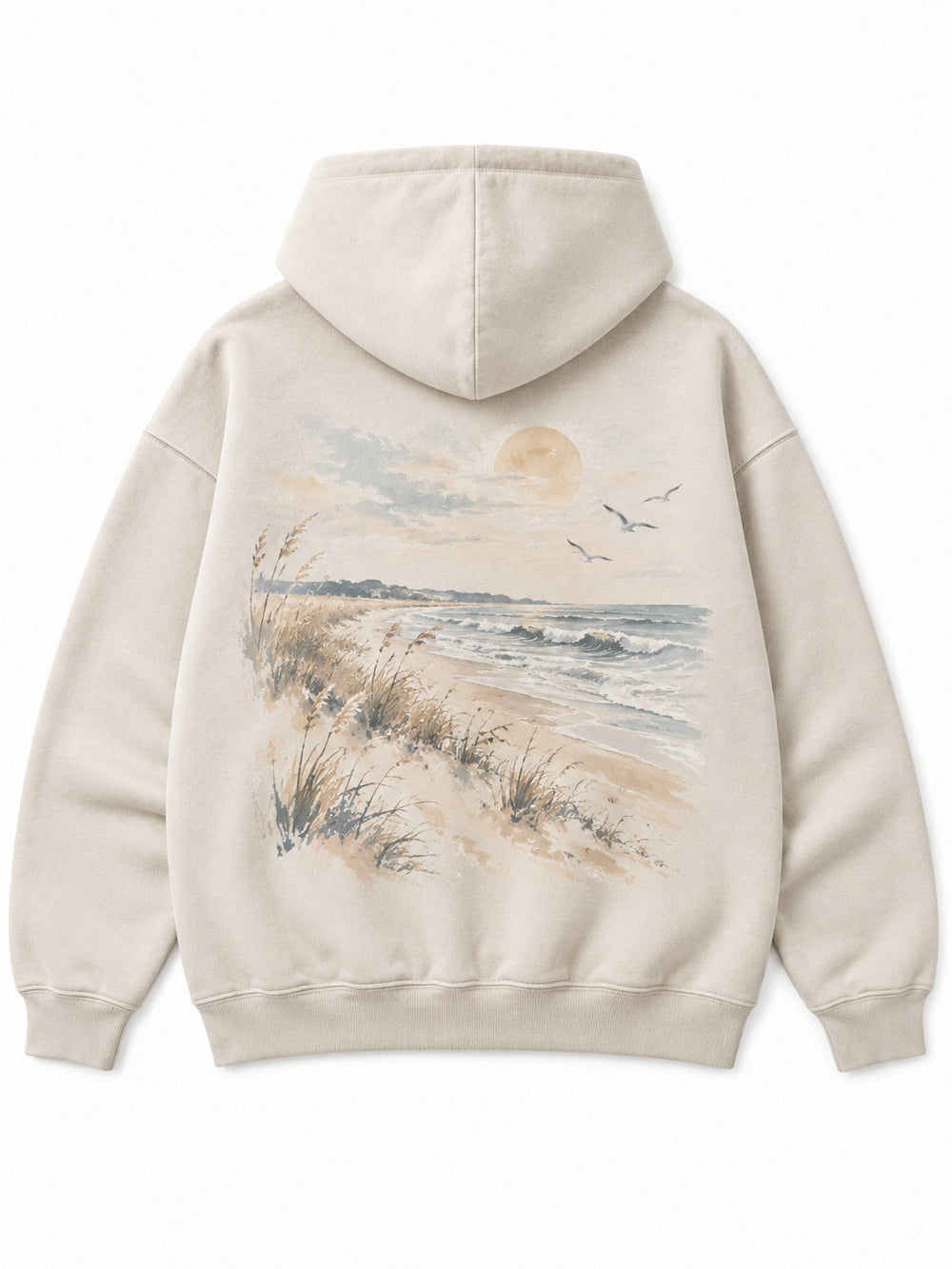 Back view of the Coastal Study light stone DTG print hoodie with an illustrated shore with dune grasses, sea and birds