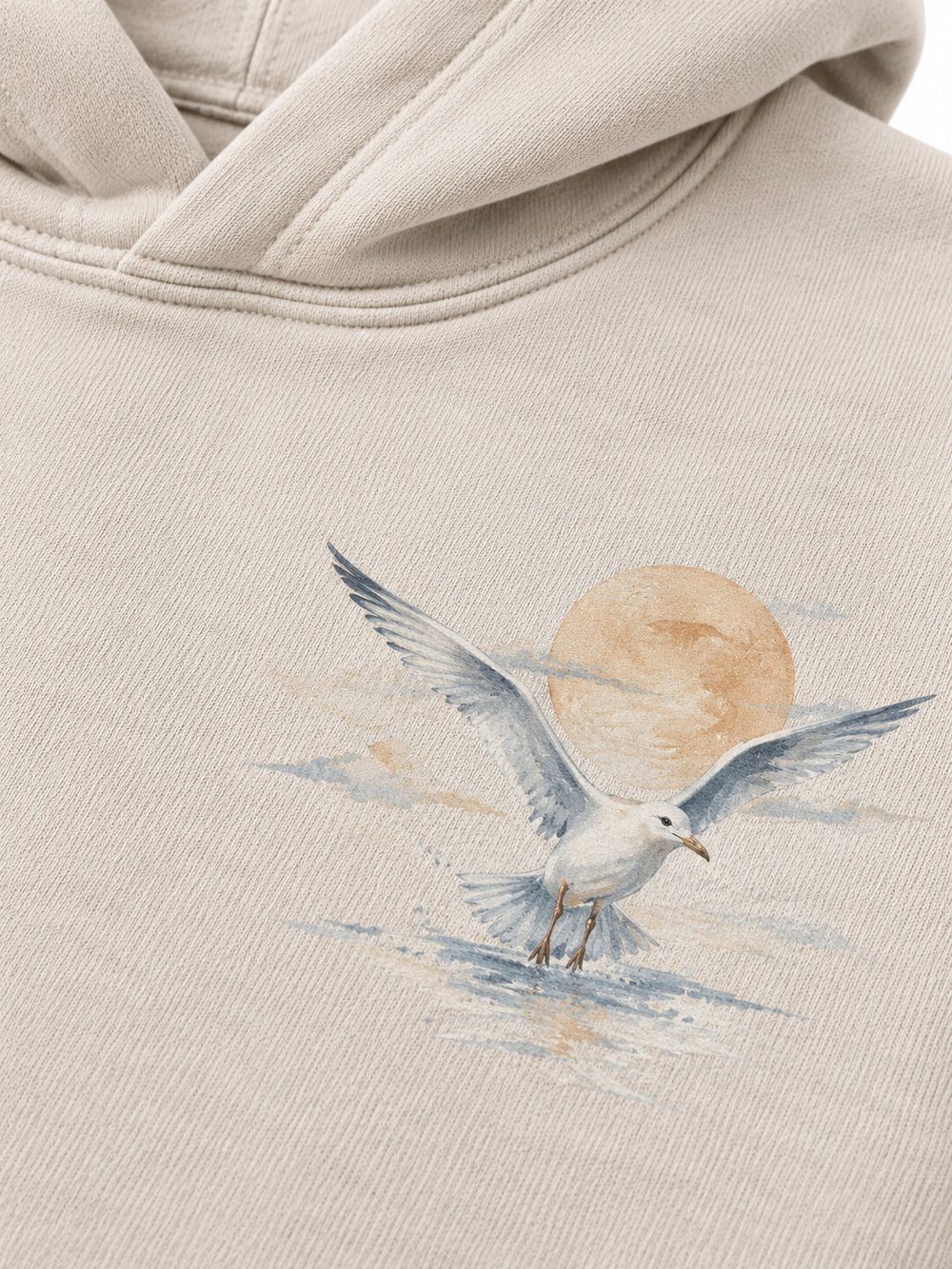 Close-up of the DTG print decoration on the Coastal Study light stone DTG print hoodie