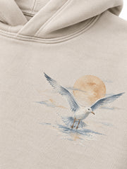 Close-up of the DTG print decoration on the Coastal Study light stone DTG print hoodie
