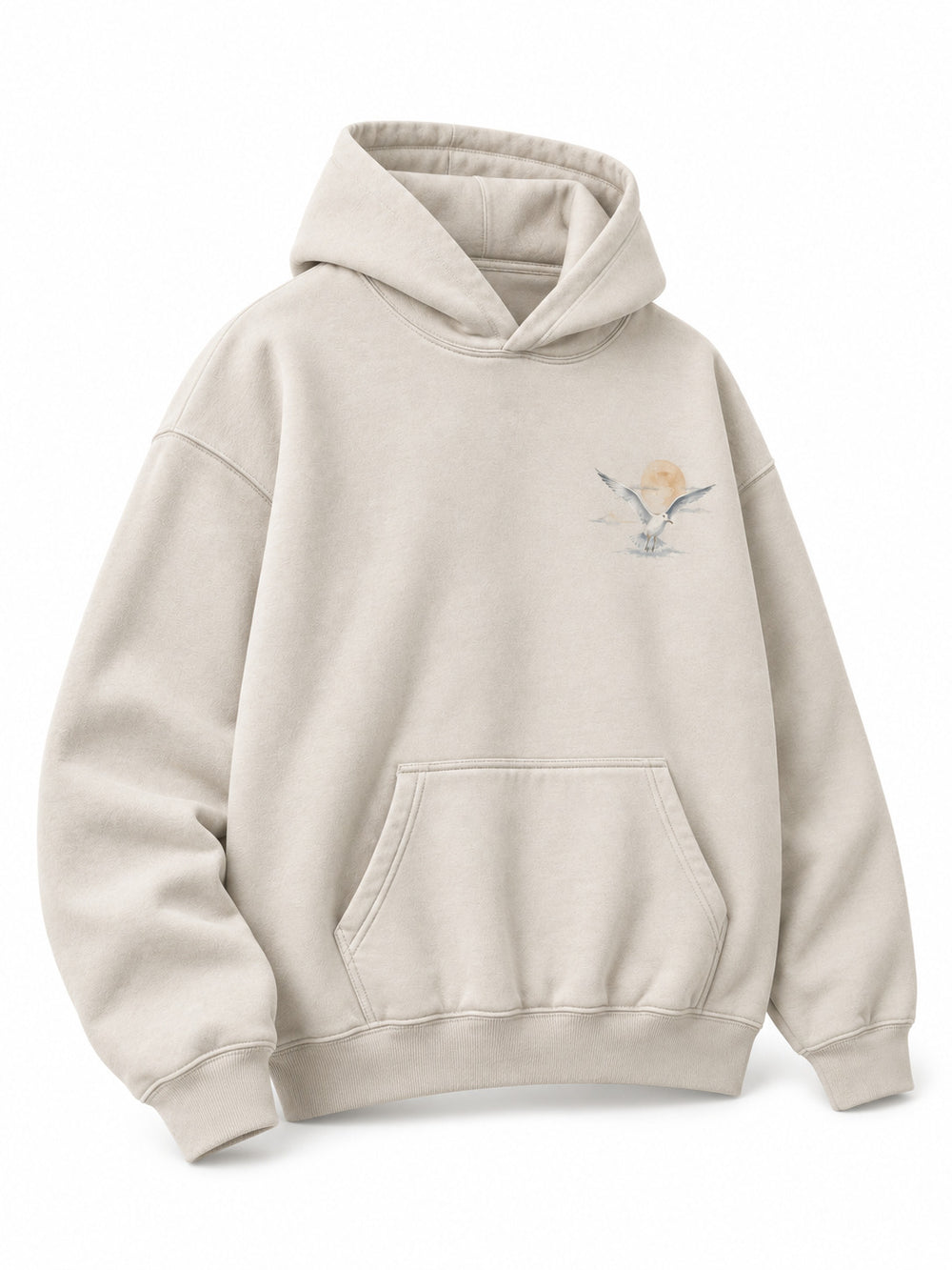 Front three-quarter view of the Coastal Study light stone DTG print hoodie