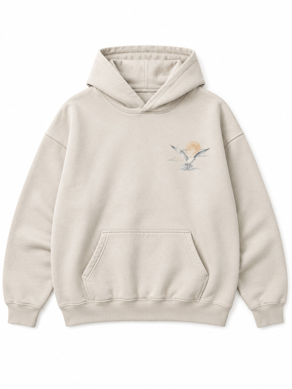 Front view of the Coastal Study light stone DTG print hoodie with a small coastal bird illustration at the chest