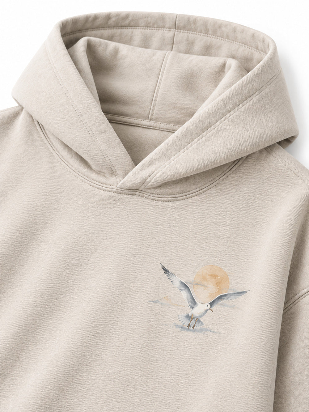 Close-up of the hood and neckline of the Coastal Study light stone DTG print hoodie