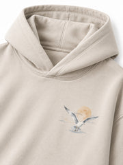 Close-up of the hood and neckline of the Coastal Study light stone DTG print hoodie