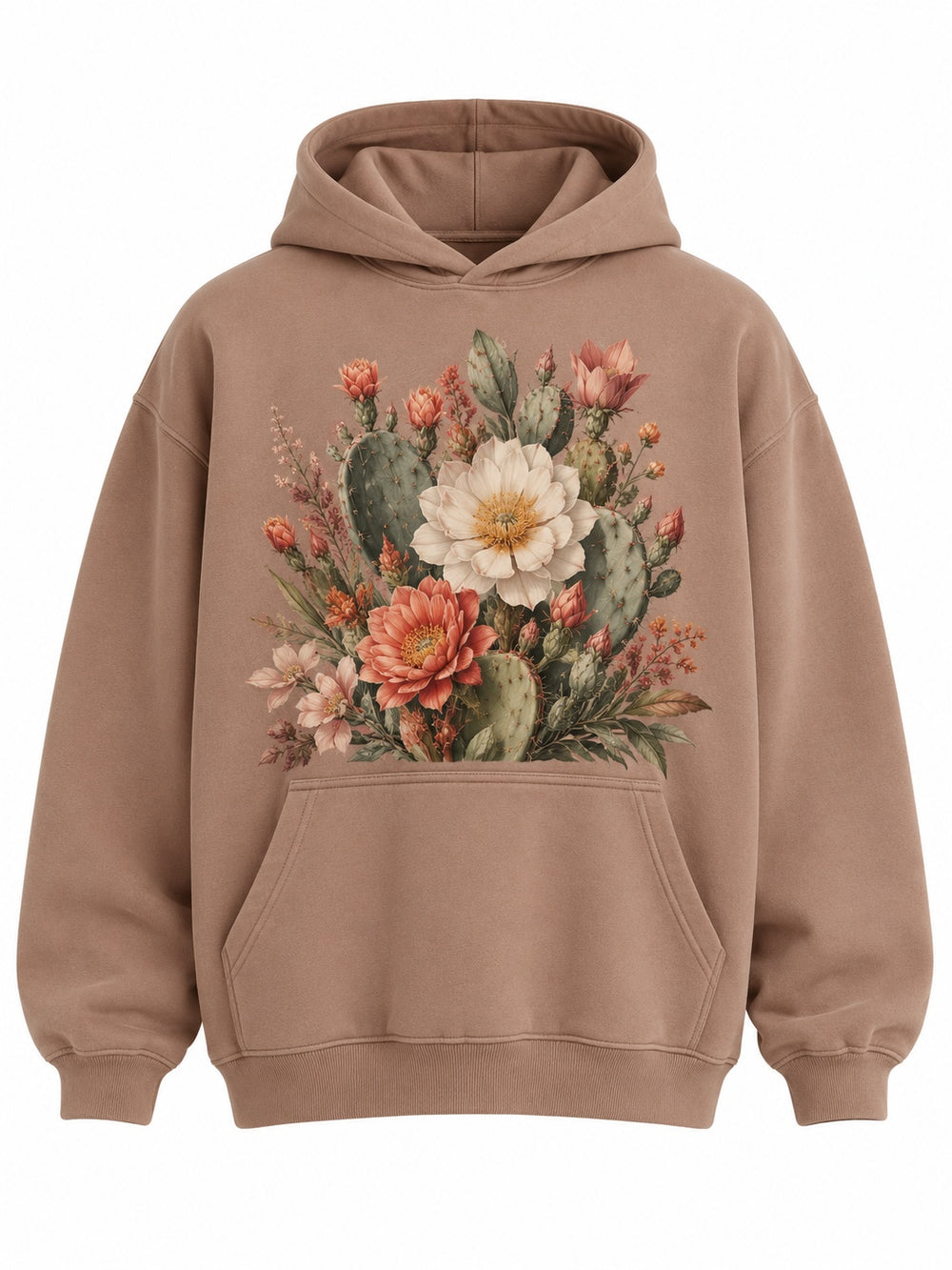 Front view of the Cactus Garden clay DTG print oversized hoodie with full-color watercolor bouquet of cactus flowers and desert blooms across the chest