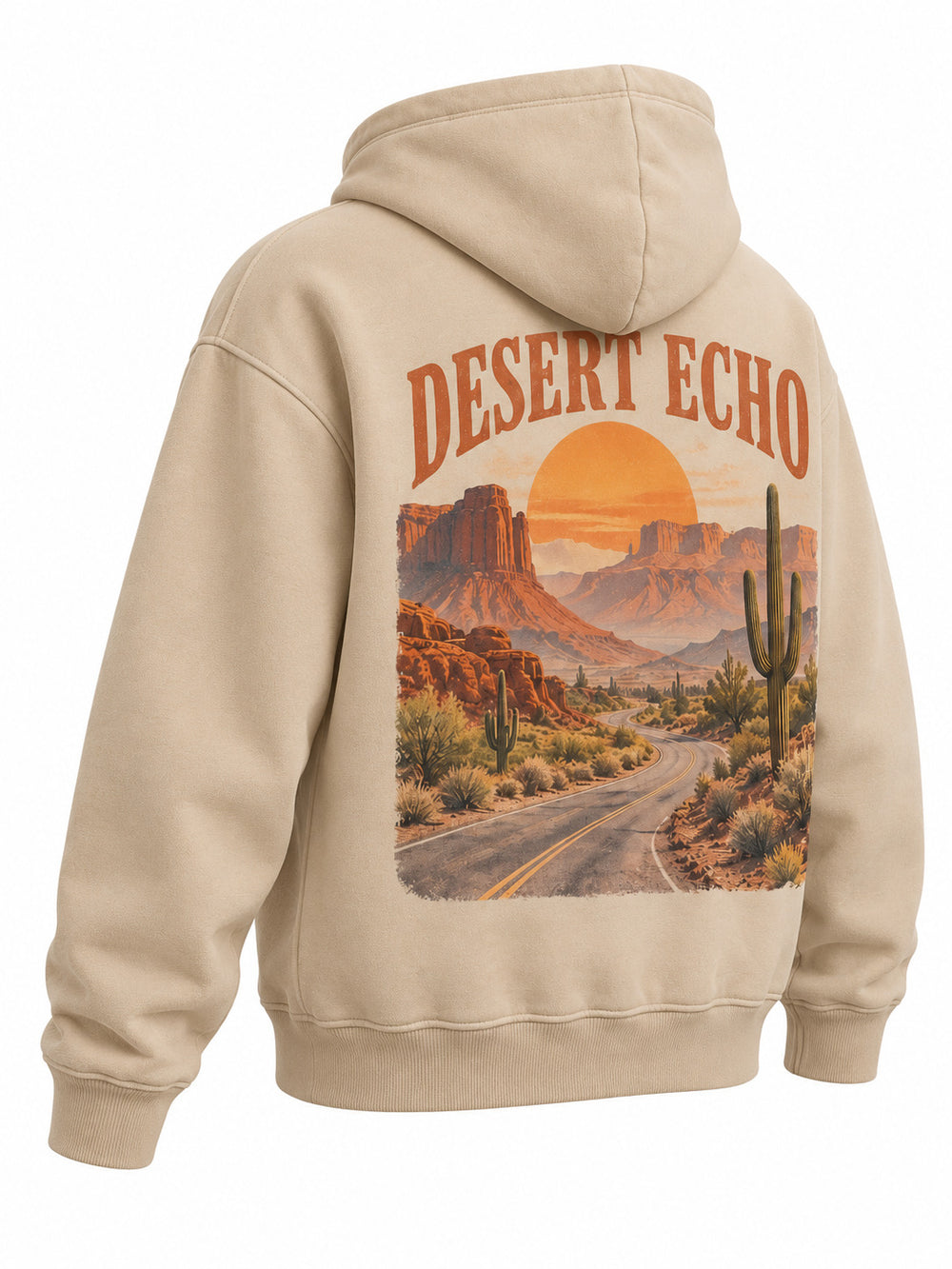 Rear three-quarter view of the Desert Echo sand DTG print boxy hoodie