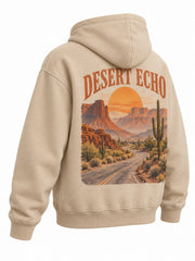 Rear three-quarter view of the Desert Echo sand DTG print boxy hoodie