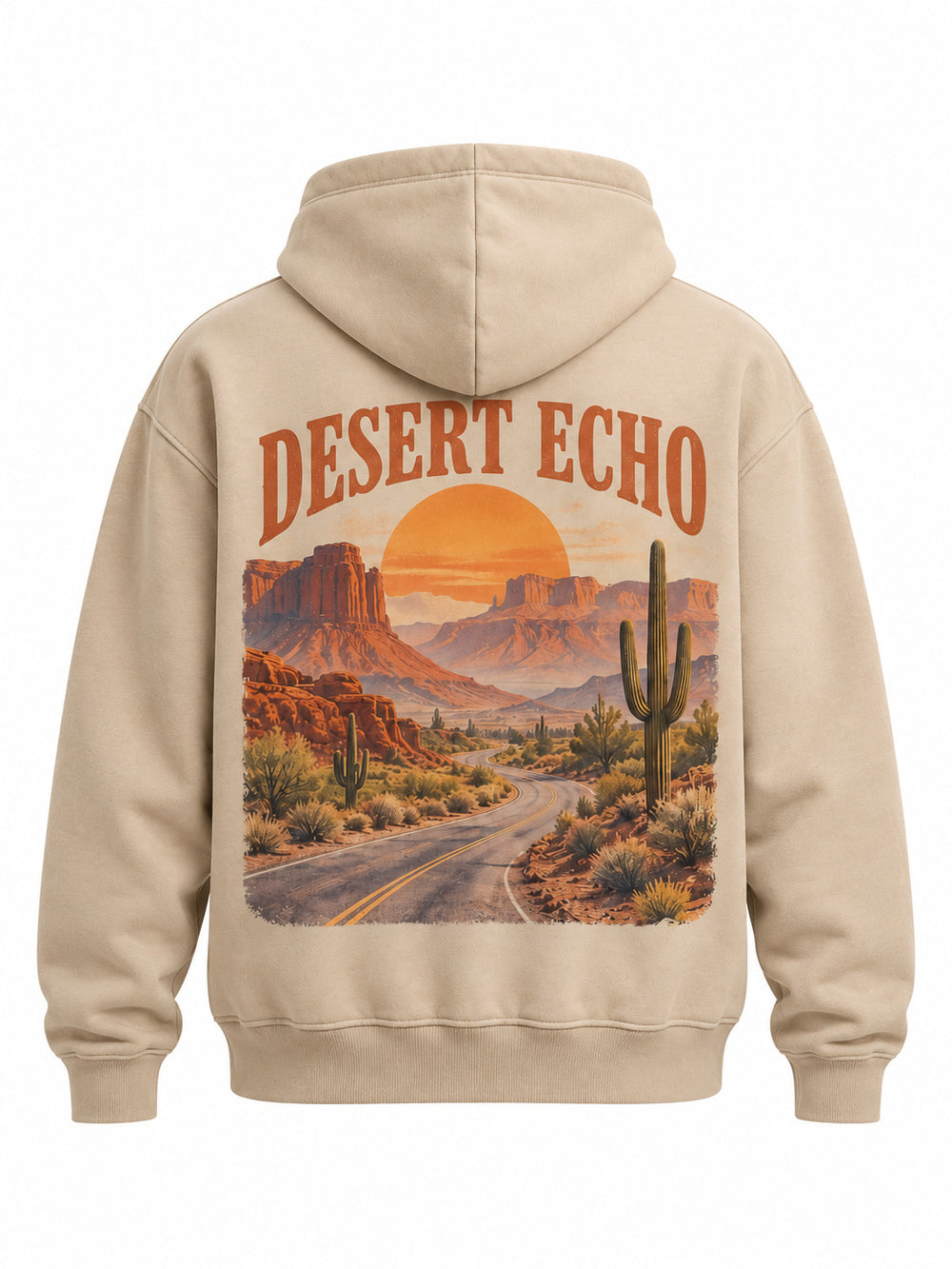 Back view of the Desert Echo sand DTG print boxy hoodie with layered orange mesas, cactus and an open road at sunset, captioned DESERT ECHO