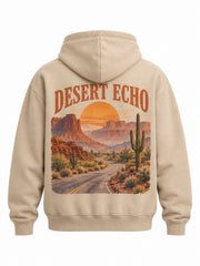 Back view of the Desert Echo sand DTG print boxy hoodie with layered orange mesas, cactus and an open road at sunset, captioned DESERT ECHO