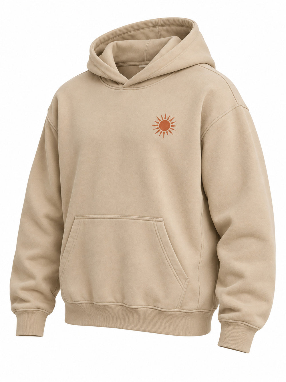 Front three-quarter view of the Desert Echo sand DTG print boxy hoodie
