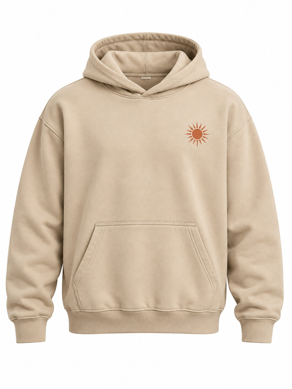 Front view of the Desert Echo sand DTG print boxy hoodie with tiny terracotta desert sun emblem