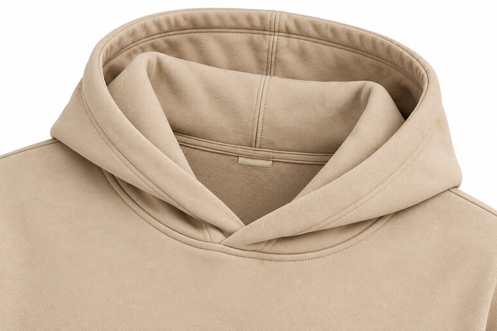 Close-up of the hood and neckline of the Desert Echo sand DTG print boxy hoodie