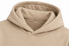 Close-up of the hood and neckline of the Desert Echo sand DTG print boxy hoodie