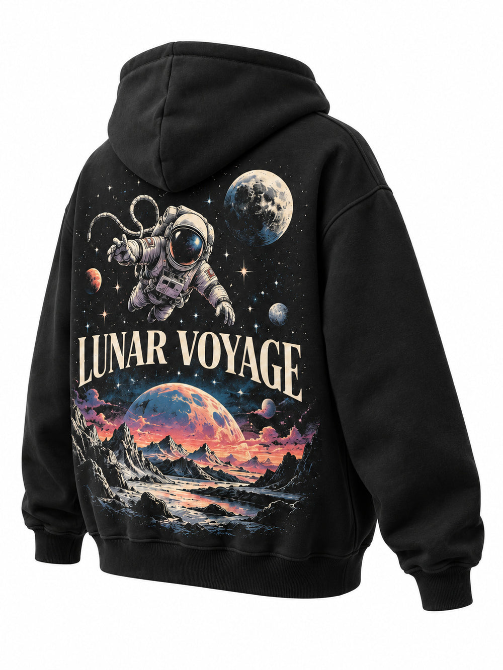 Rear three-quarter view of the Lunar Voyage black DTG print oversized hoodie