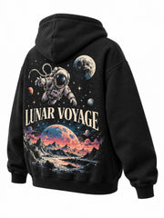 Rear three-quarter view of the Lunar Voyage black DTG print oversized hoodie